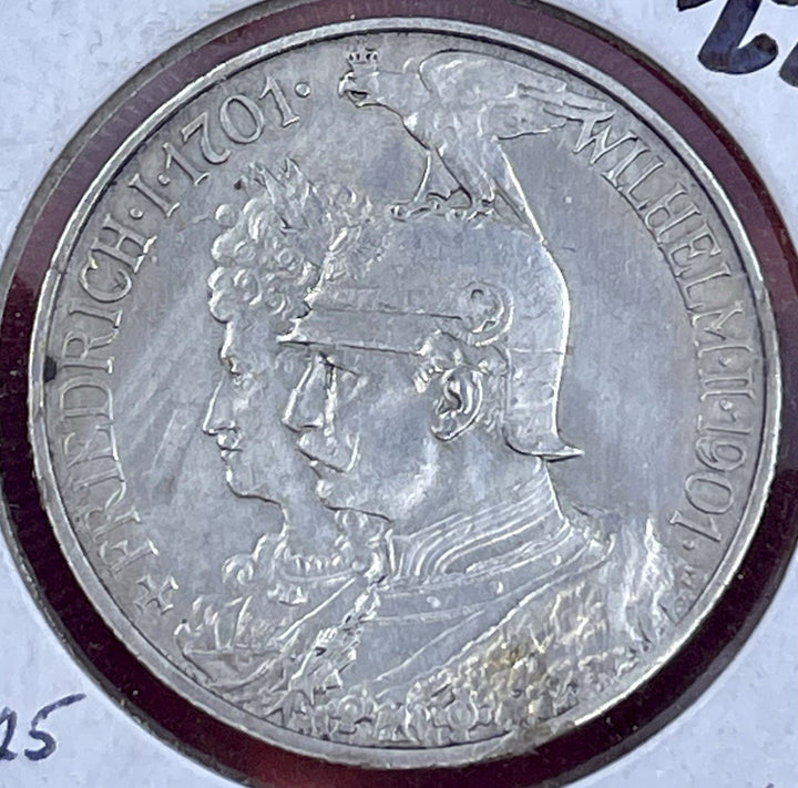 1901 A Silver Prussia Germany States 2 Marks 200th Anniversary Coin