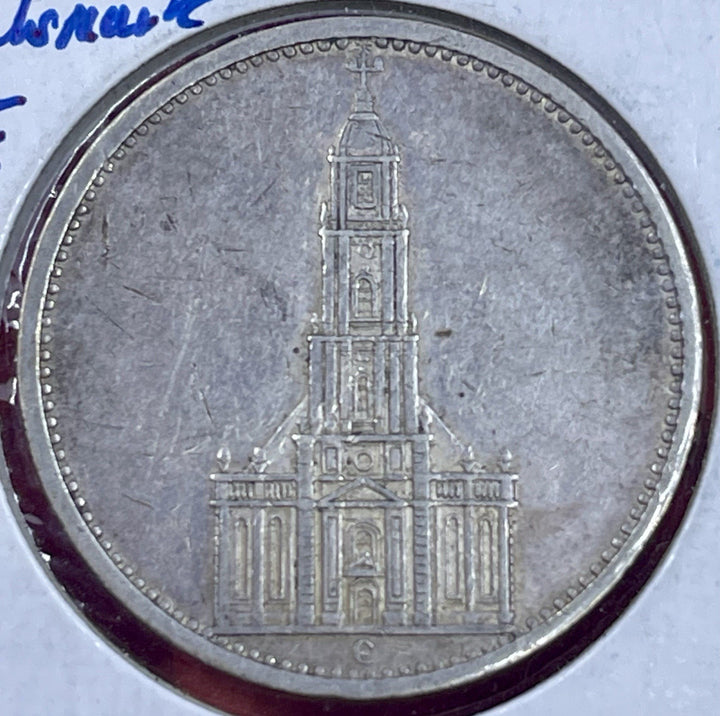 1934 E 5 Mark German WW2 90% SILVER  Garrisonkirche W/D 3rd Reich Coin