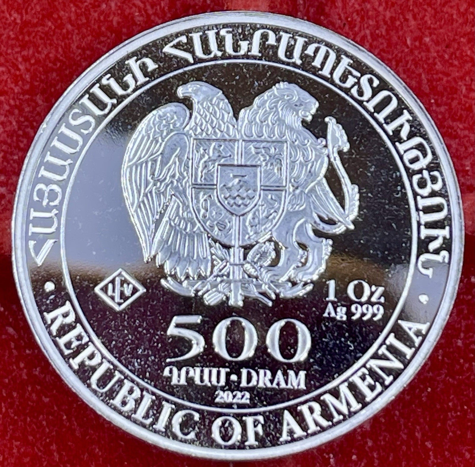 2022 500 DRAM THE REPUBLIC OF ARMENIA - NOAH'S ARK  1 OZT .999 FINE SILVER COIN