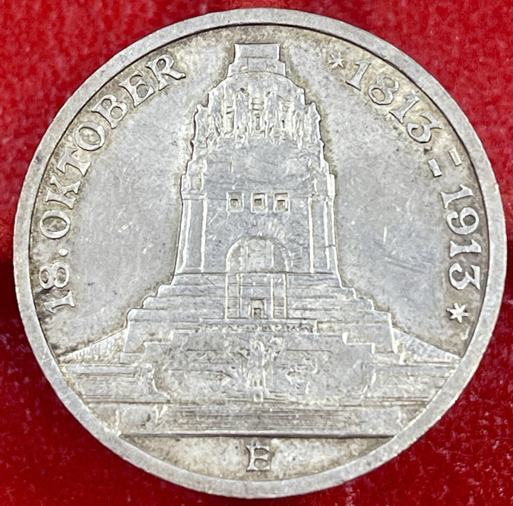 1913-E Germany 3 Mark Saxony Battle of Leipzig Silver ASW .4823 KM# 1275