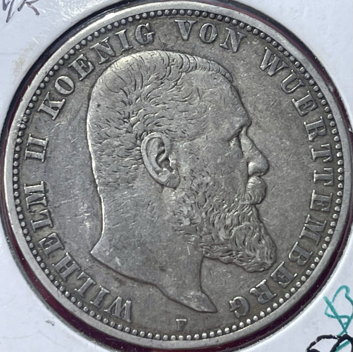1895 F SILVER KINGDOM OF WURTTEMBERG GERMAN STATES 5 MARK