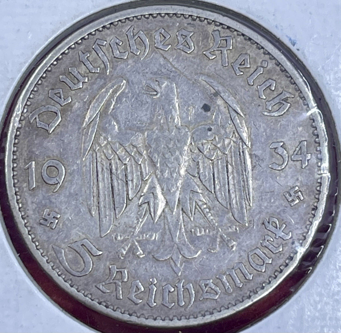 1934 E 5 Mark German WW2 90% SILVER  Garrisonkirche W/D 3rd Reich Coin