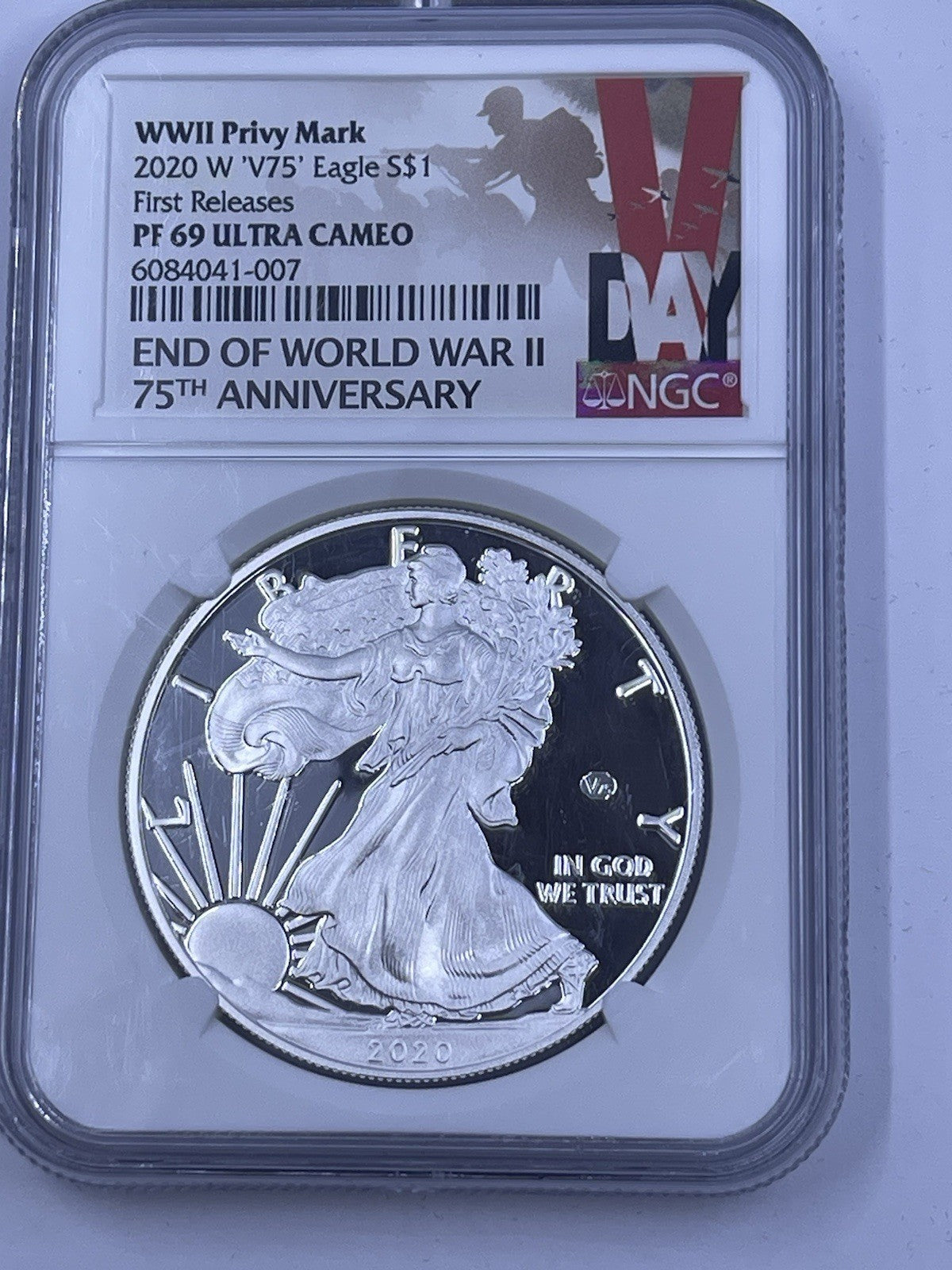 2020 W $1 Silver Eagle End of WWII V75 Privy NGC PF69 Ultra Cameo V-Day Label
