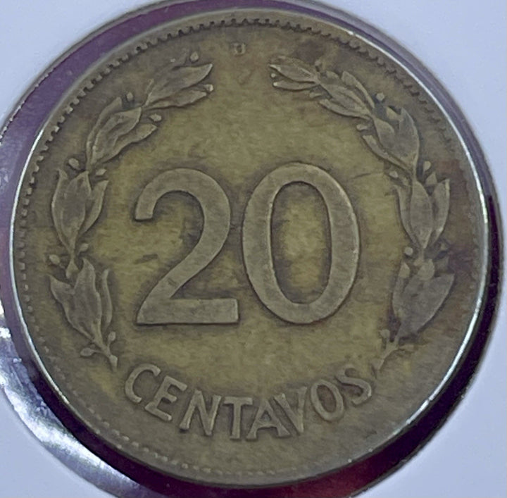 Ecuador 1944 Brass 20 Centavos. Denver Mint. WWII Era. KM# 77
