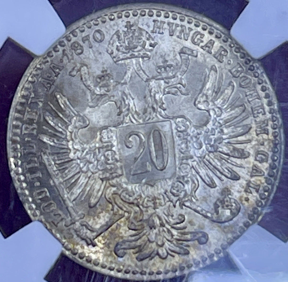 AUSTRIA , SILVER 20 KREUZER 1868 - NGC MS 64 , RAREK