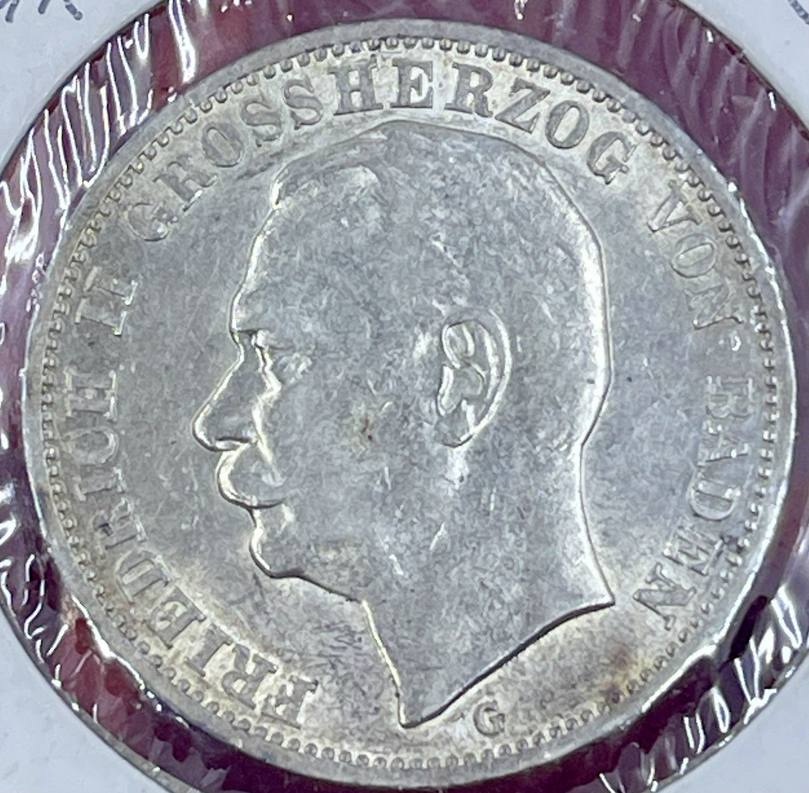 1914 G Baden German States .900 Silver (Drei) 3 Mark Germany Coin AU