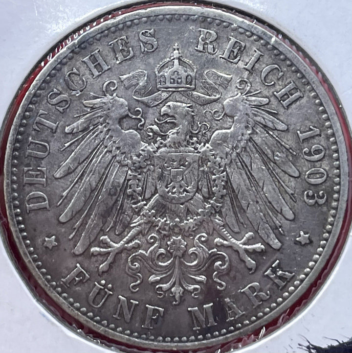 1903 E 5 Mark German States Silver Coin Saxony Albertine