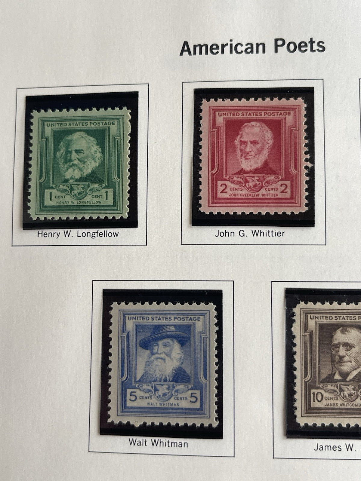 United States White Ace Album Page Famous American Series 1940 Poets Stamps