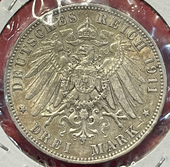 1911 E GERMANY Empire Saxony Silver 3 Marks Fr. August III