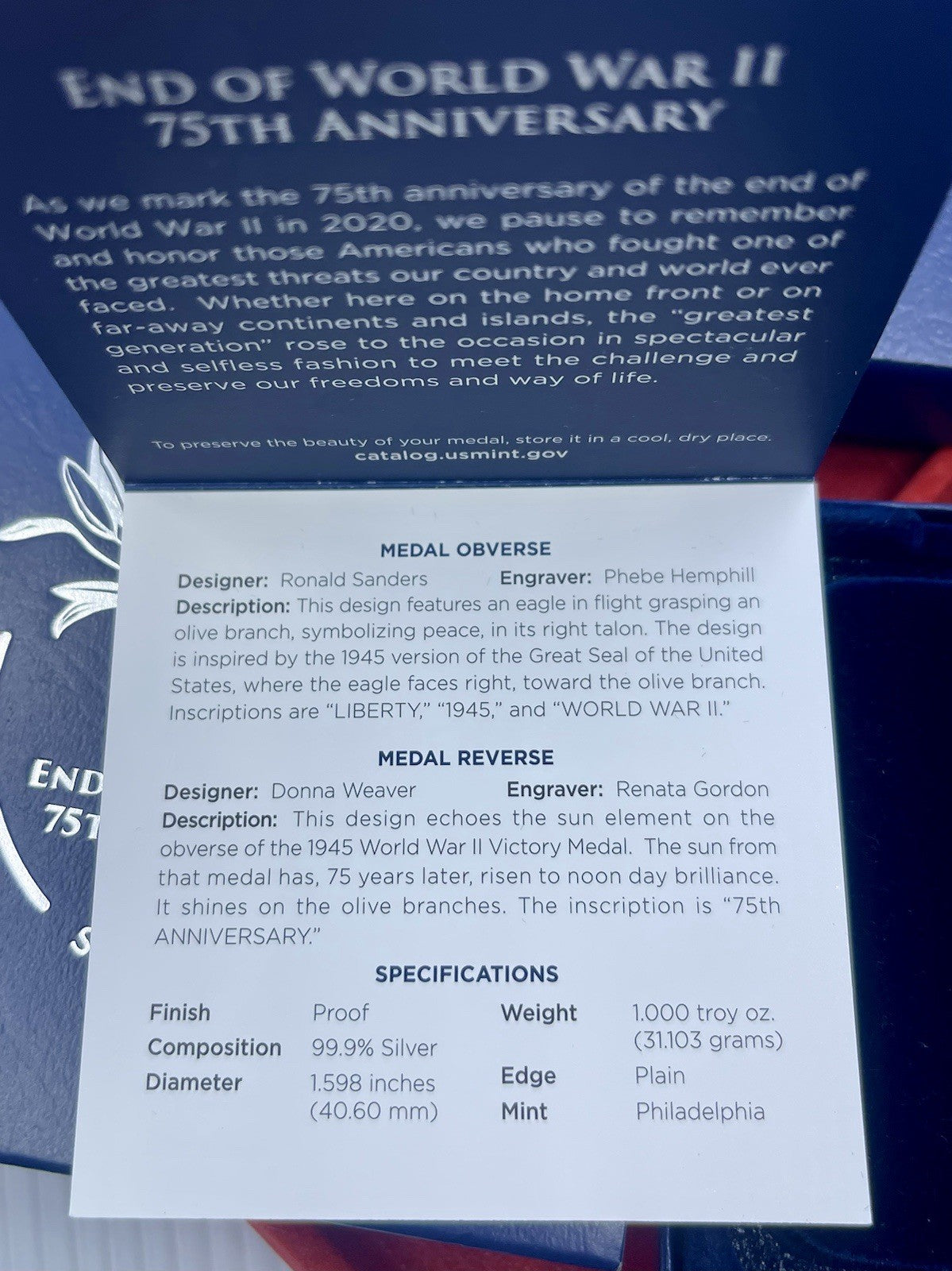 2020 End of World War II 75th Anniversary Silver Medal WW2 MINT