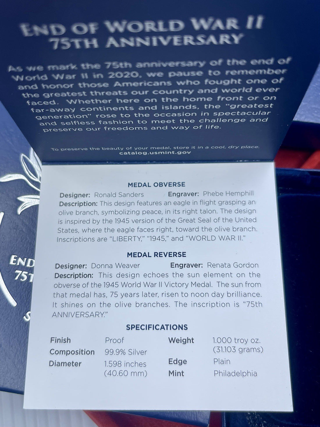 2020 End of World War II 75th Anniversary Silver Medal WW2 MINT