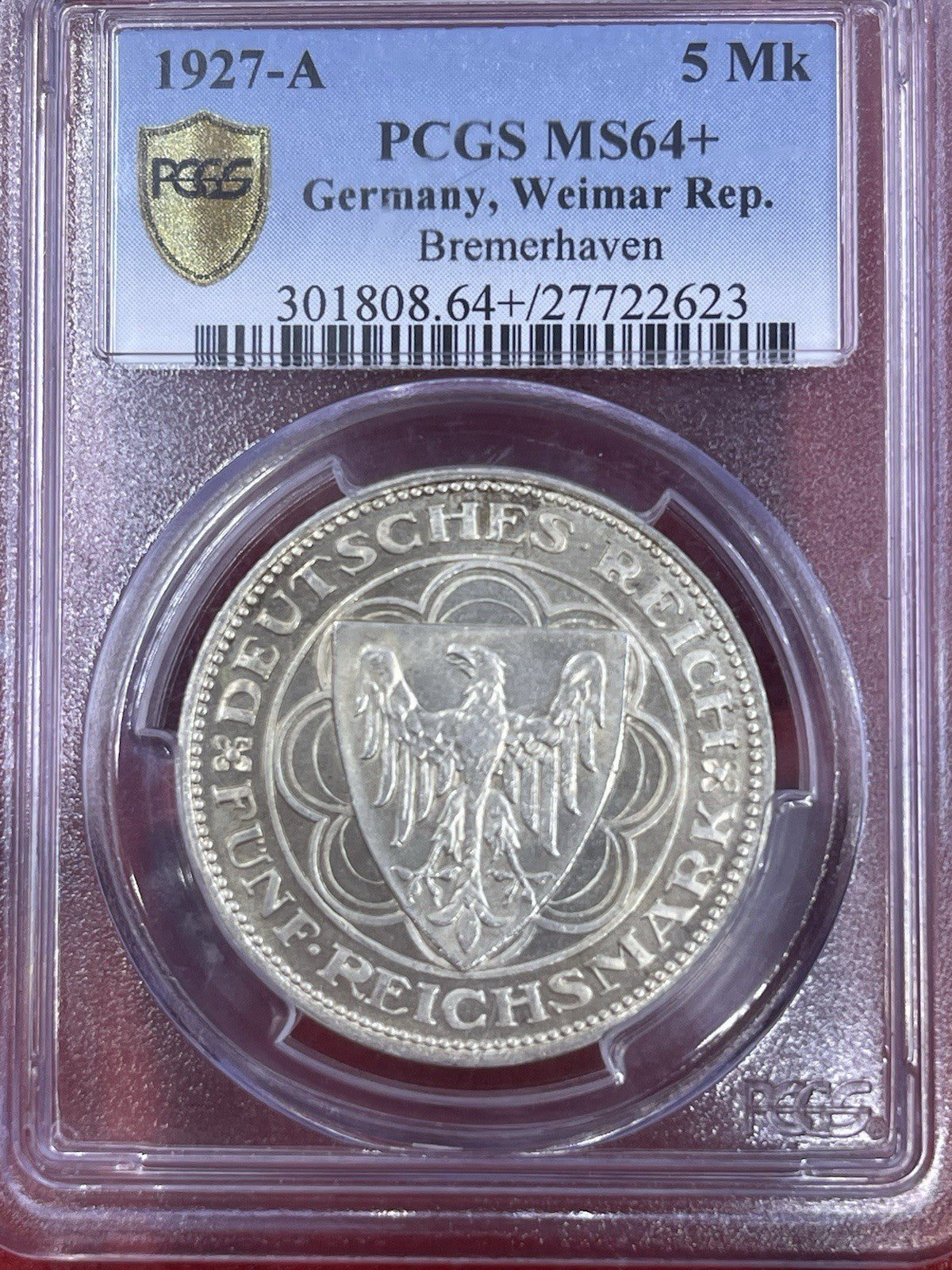 Coin Silver 5 Reichsmark 1927 A Bremerhaven PCGS MS64+ Silver Coin