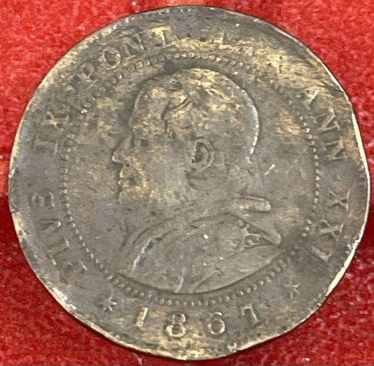 1867 Papal States 2 Soldi Coin – Pope Pius IX Vatican Copper
