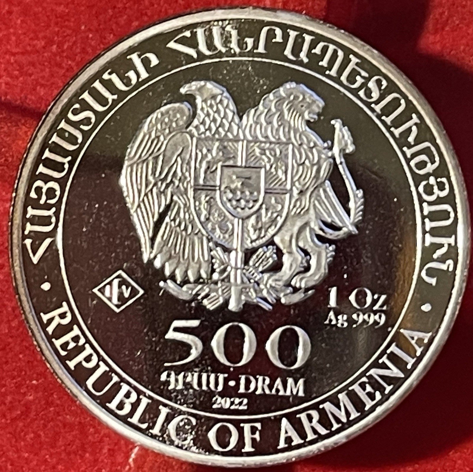 2022 500 DRAM THE REPUBLIC OF ARMENIA - NOAH'S ARK  1 OZT .999 FINE SILVER COIN