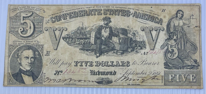 1861 Confederate States Of America Five Dollars Note, Richmond