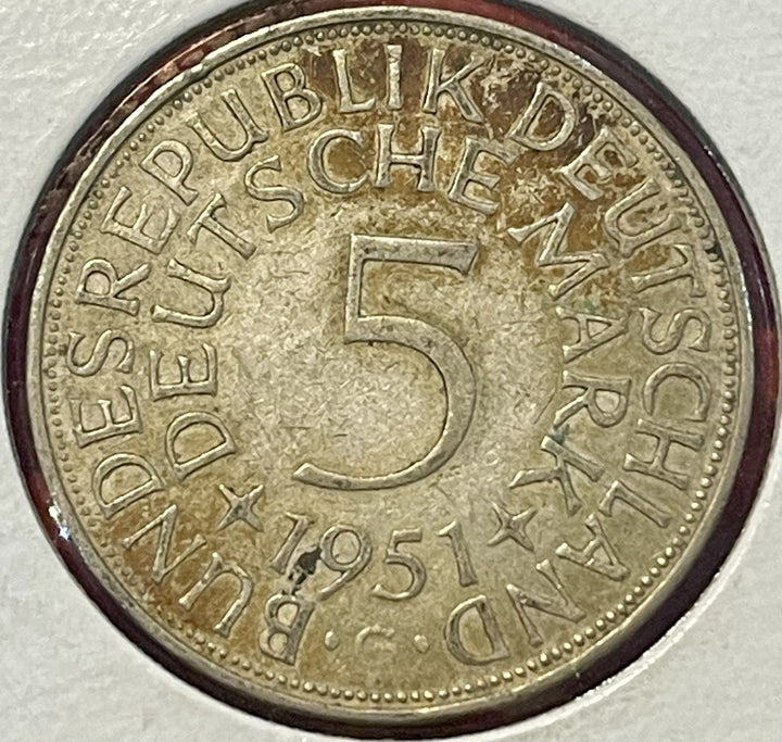 1951 G Germany German 5 Five Mark World Coin SILVER .625