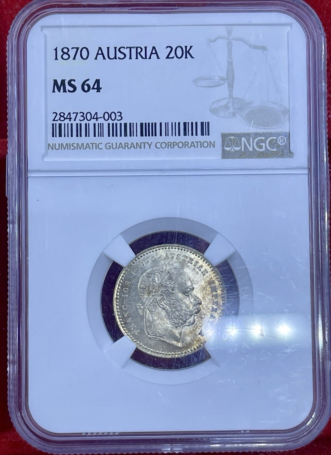 AUSTRIA , SILVER 20 KREUZER 1868 - NGC MS 64 , RAREK