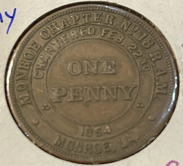 1854 Masonic Penny Token – Monroe Chapter No. 18, Monroe LA – One Penny