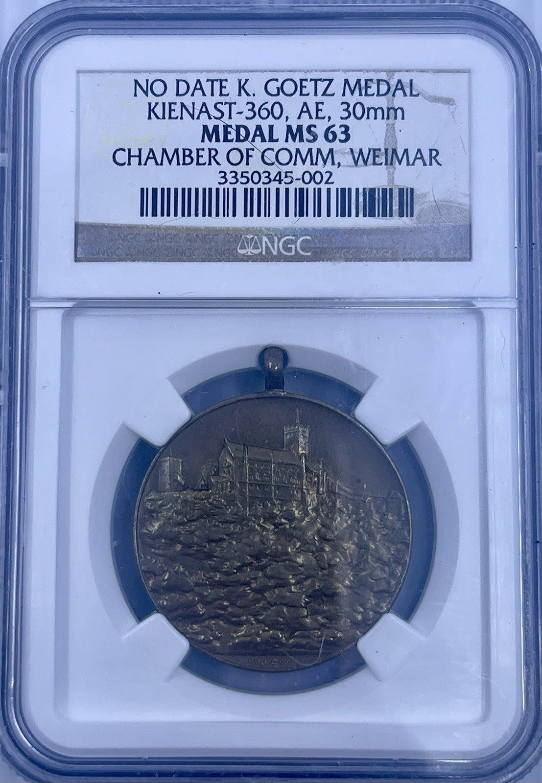 SCARCE KARL GOETZ MEDAL KIENAST 360 30MM CHAMBER OF COMMERCE WEIMAR NGC 63