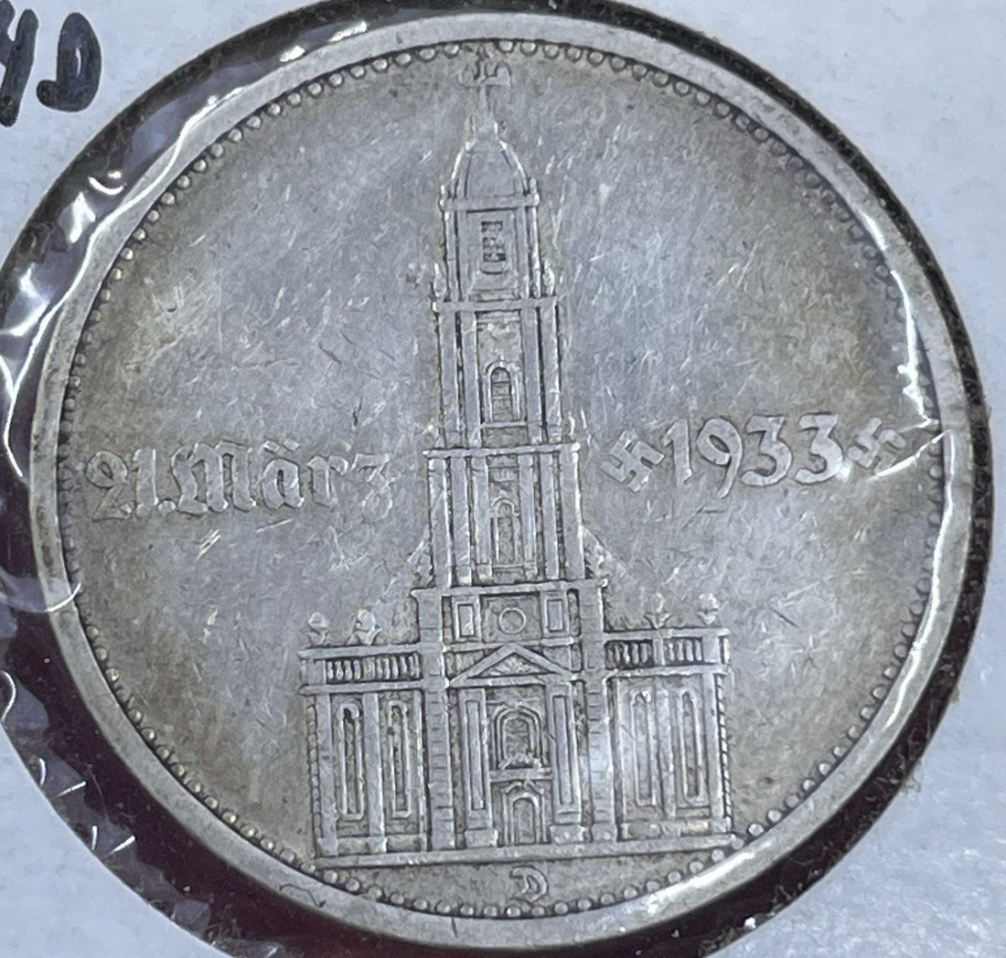 1934 D 5 Mark German WW2 90% SILVER  Garrisonkirche W/D 3rd Reich Coin