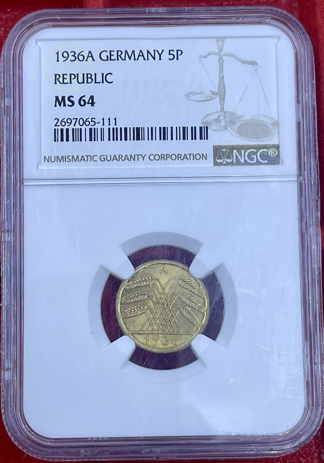 Weimar 5 Pfennig 1936-A J.316 NGC MS64 Germany Coin