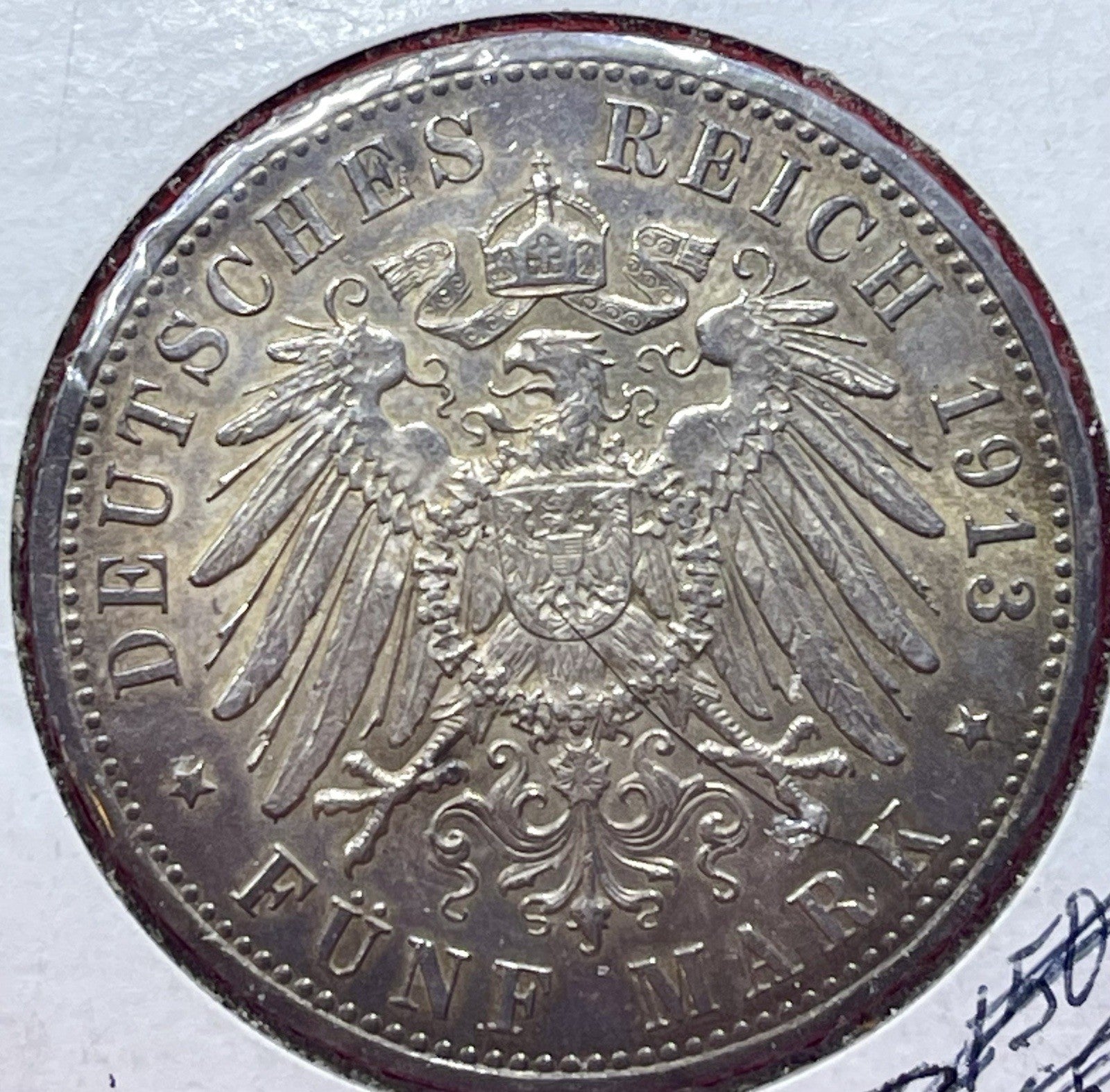 1913-A German Prussia Funf 5 Mark 0.900 Silver Coin Unc