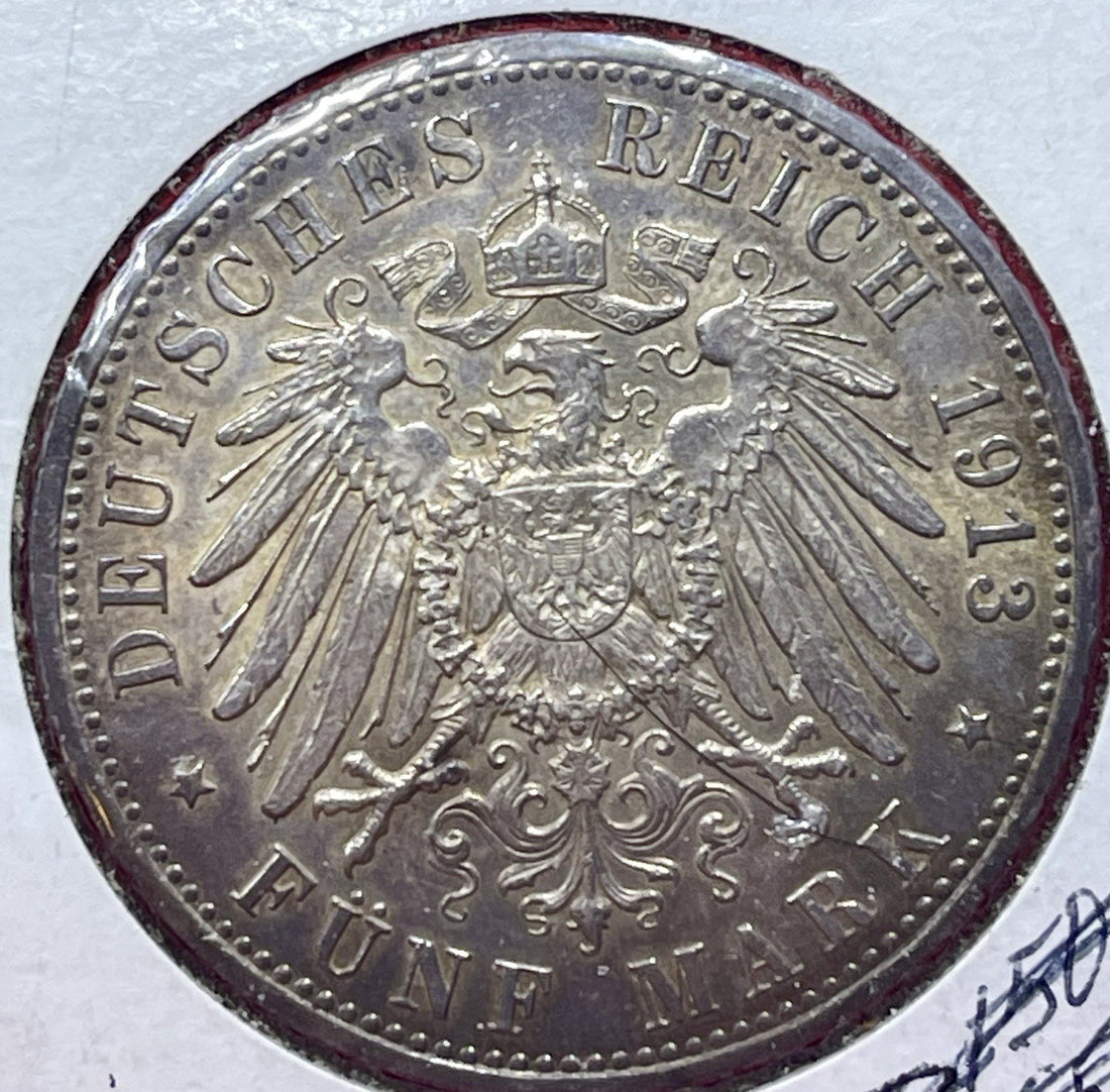 1913-A German Prussia Funf 5 Mark 0.900 Silver Coin Unc