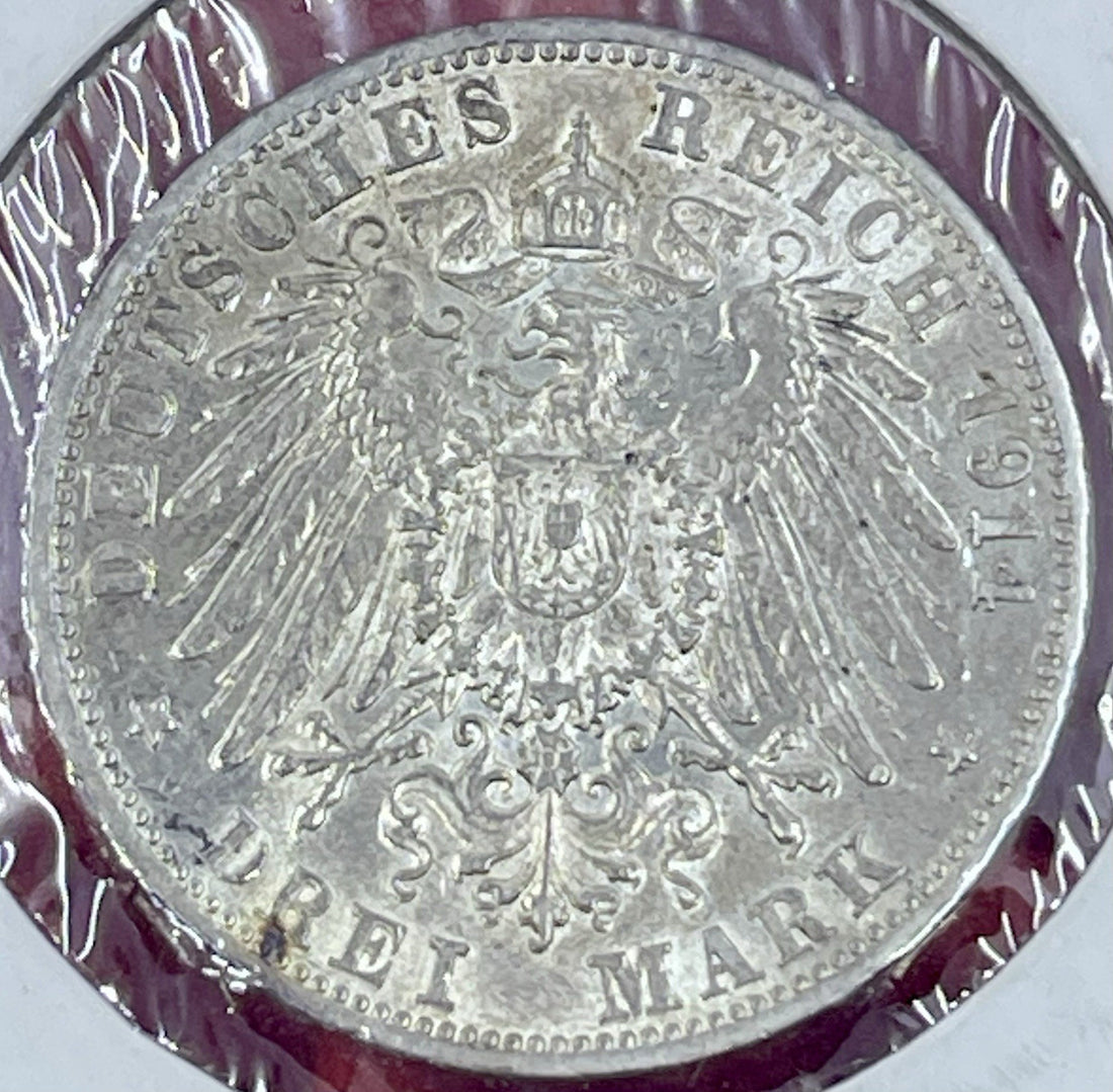 1914 G Baden German States .900 Silver (Drei) 3 Mark Germany Coin AU