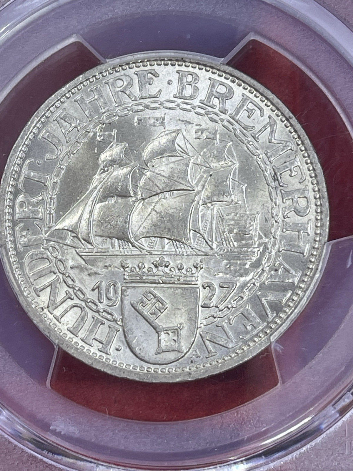 1927-A Weimar Bremerhaven 3 Mark PCGS MS64