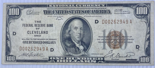 $100 1929 Cleveland Ohio National Currency Note Federal Reserve Bank Note Bill