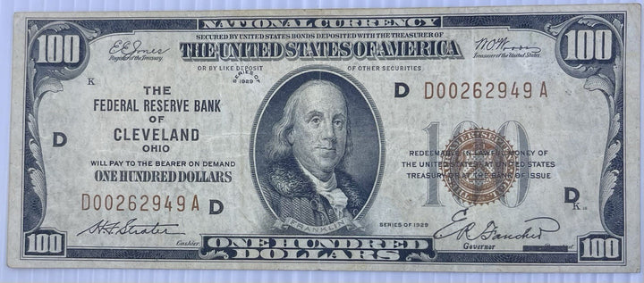 $100 1929 Cleveland Ohio National Currency Note Federal Reserve Bank Note Bill