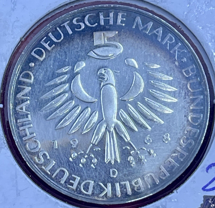 1968-D Germany Federal Republic 5 Mark .625 Max Pettenkofer Toner Coin