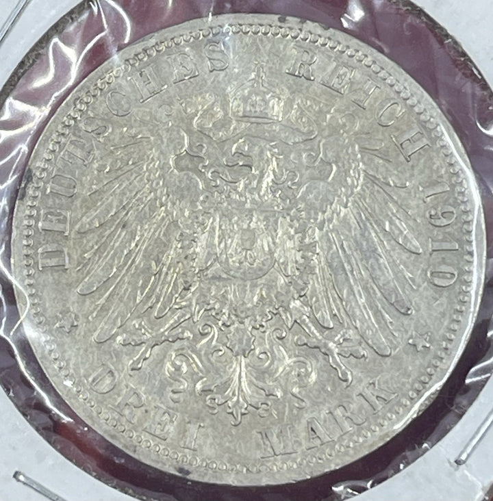GERMANY. 1910, 3 Mark, Silver - Kaiser Wilhelm I, Prussia Eagle Berlin A Coin