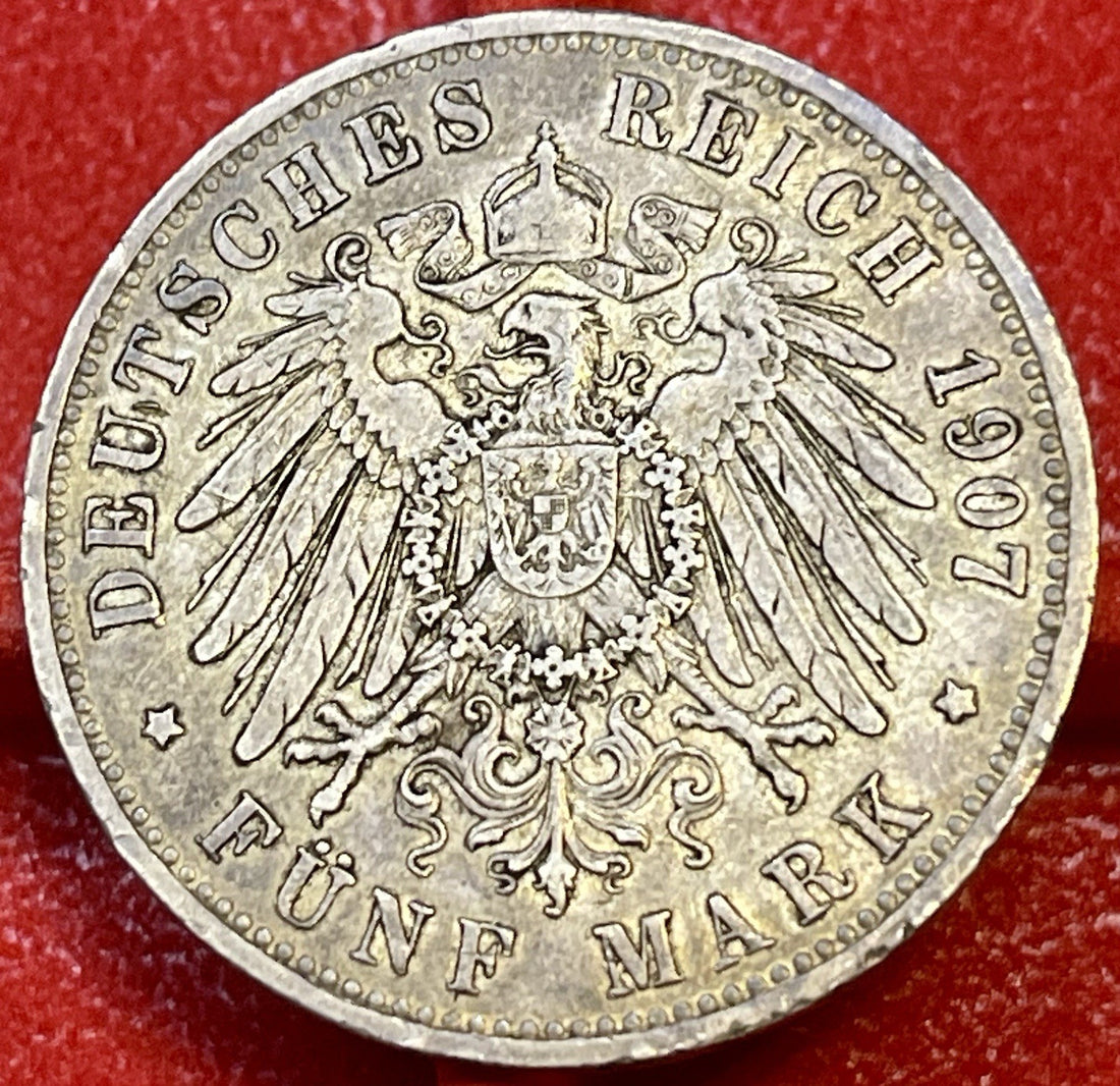 GERMAN 5 Mark 1907 A PRUSSIA KAISER WILHELM II 90% Silver Coin EMPIRE WW1 KM 523