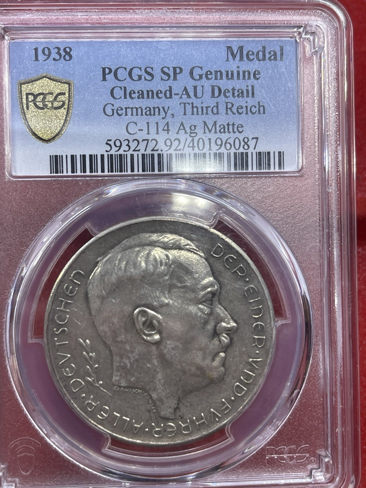 Germany 1938 -WW2 Medal, C-114  PCGS SP Genuine AU Detail