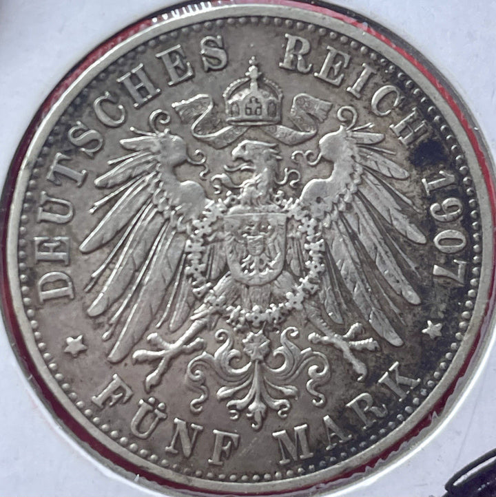 1907-F Germany Prussia FUNF FIVE MARK 5 Imperial German Empire Coin Kaiser Konig