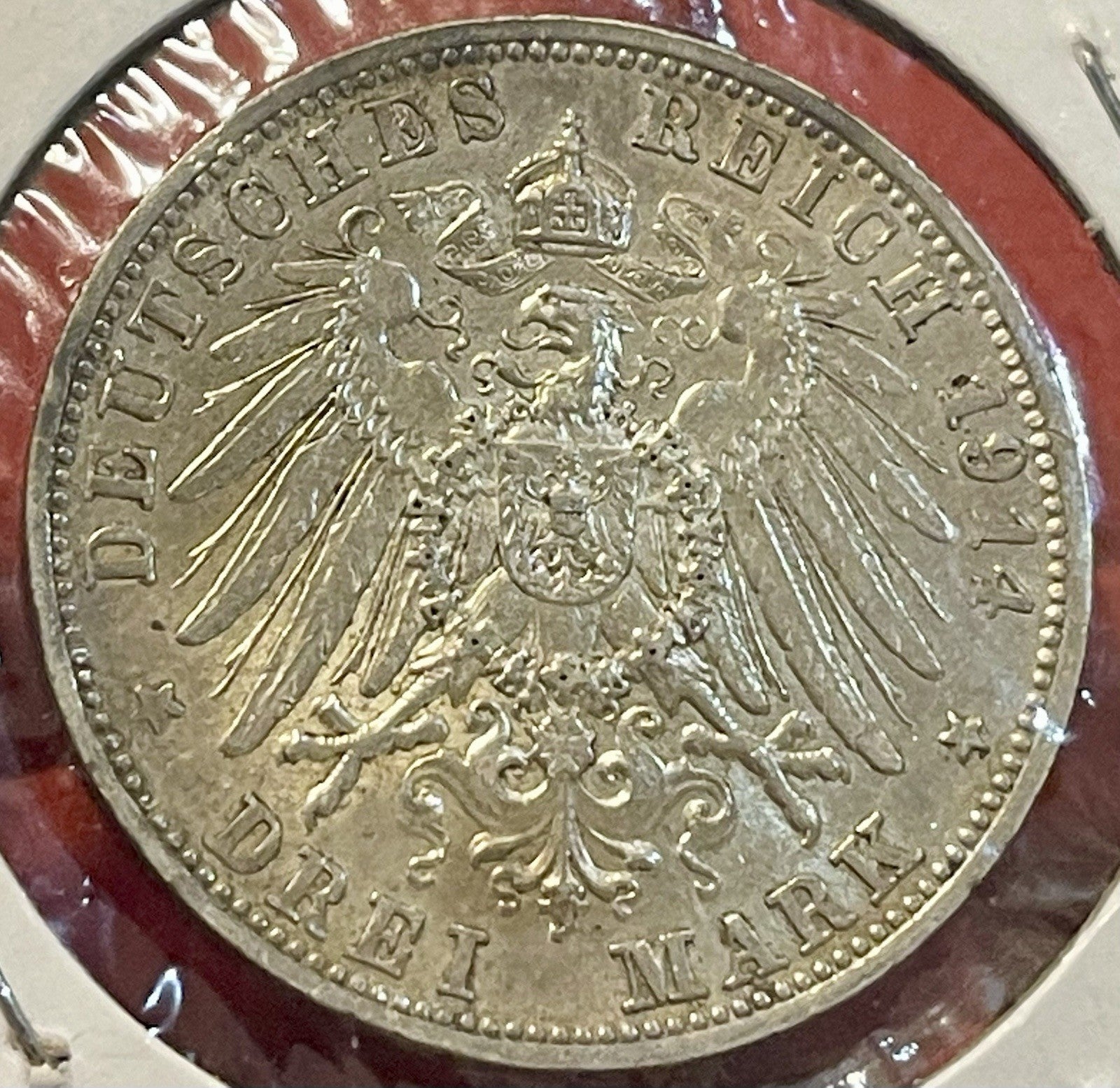 BAVARIA - FANTASTIC HISTORICAL LUDWIG III SILVER THREE (3)MARK, 1914 D, KM# 1005