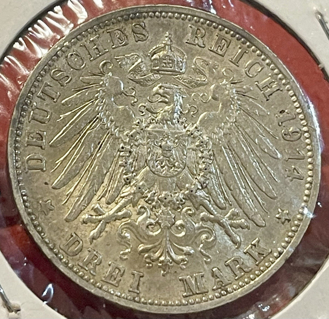 BAVARIA - FANTASTIC HISTORICAL LUDWIG III SILVER THREE (3)MARK, 1914 D, KM# 1005