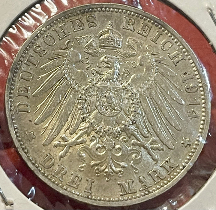 BAVARIA - FANTASTIC HISTORICAL LUDWIG III SILVER THREE (3)MARK, 1914 D, KM# 1005