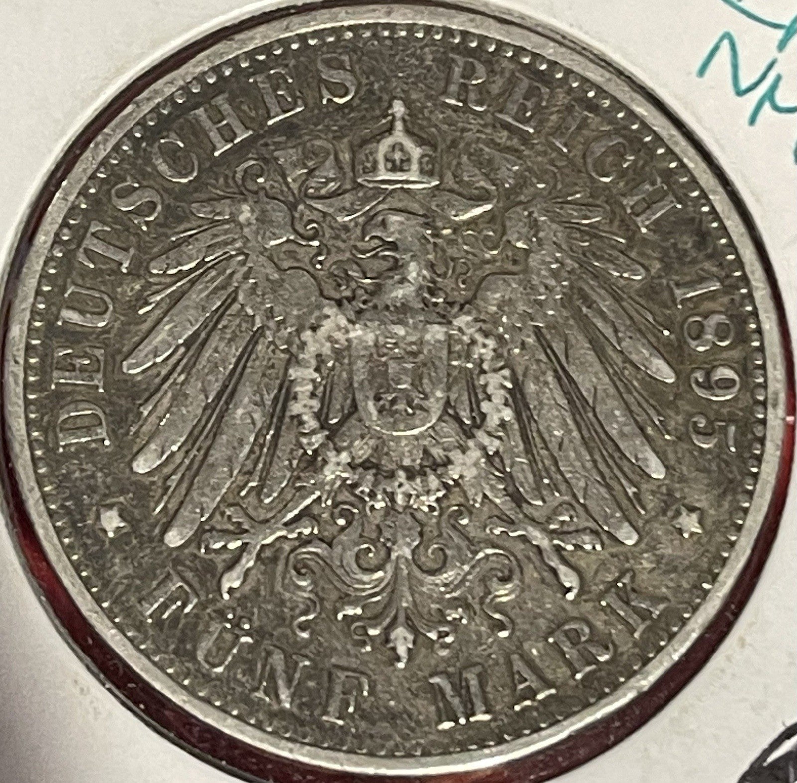 1895 F Germany Wurttemberg Silver 5 Mark Coin