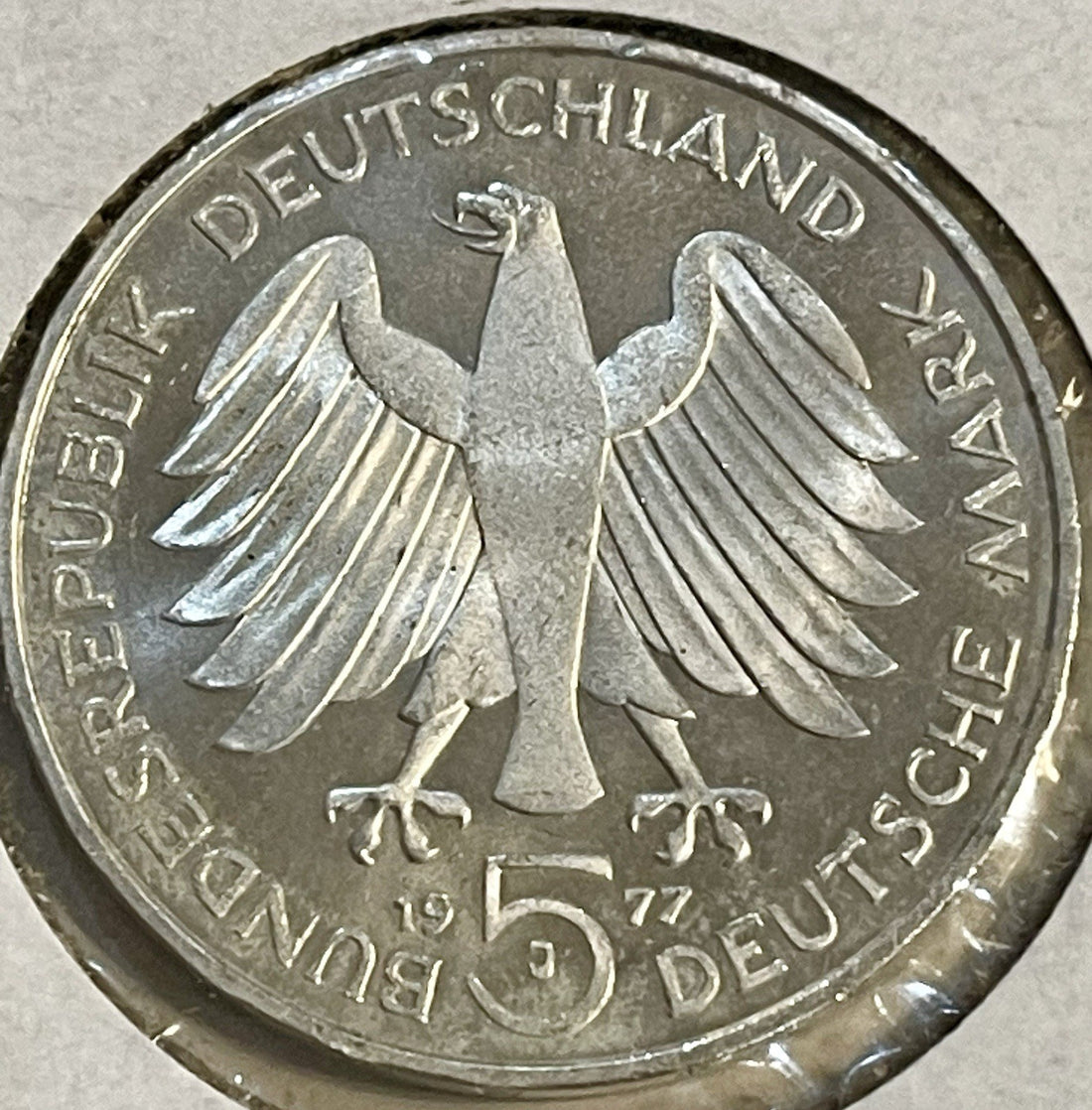 Germany 1977-J 5 Deutsche Marks. KM145.  Silver. Gauss Commemorative.