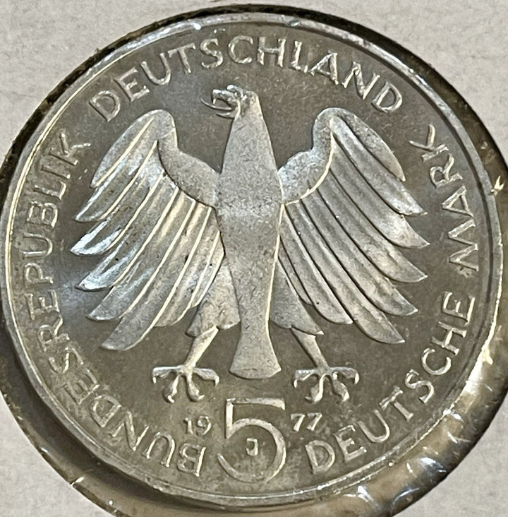 Germany 1977-J 5 Deutsche Marks. KM145.  Silver. Gauss Commemorative.