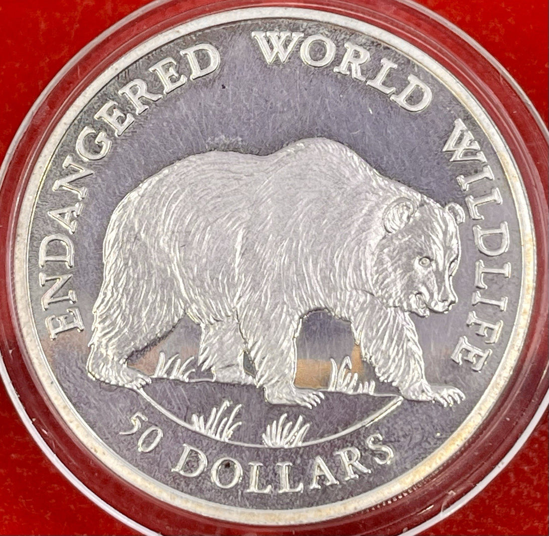 Cook Island 50 Dollars 1990 PM Conservation Grizzly Bear AUNC Silver Coin KM 52