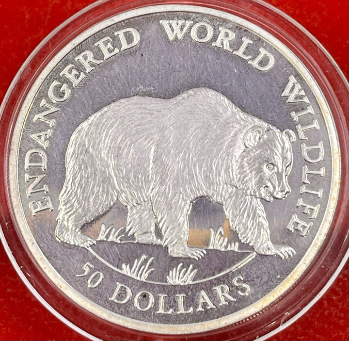 Cook Island 50 Dollars 1990 PM Conservation Grizzly Bear AUNC Silver Coin KM 52