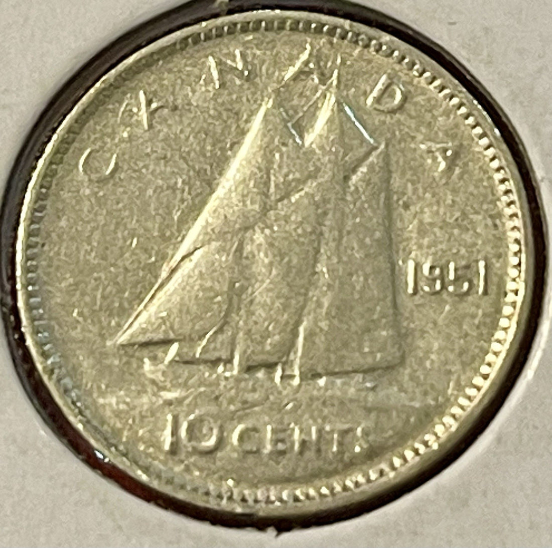 1951 Canada Silver 10 Cents Coin .800 Silver George VI Dime