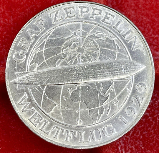 GERMAN 3 MARK REICHSMARK 1930 D Graf ZEPPELIN & Eagle  1929 Silver Coin WEIMAR
