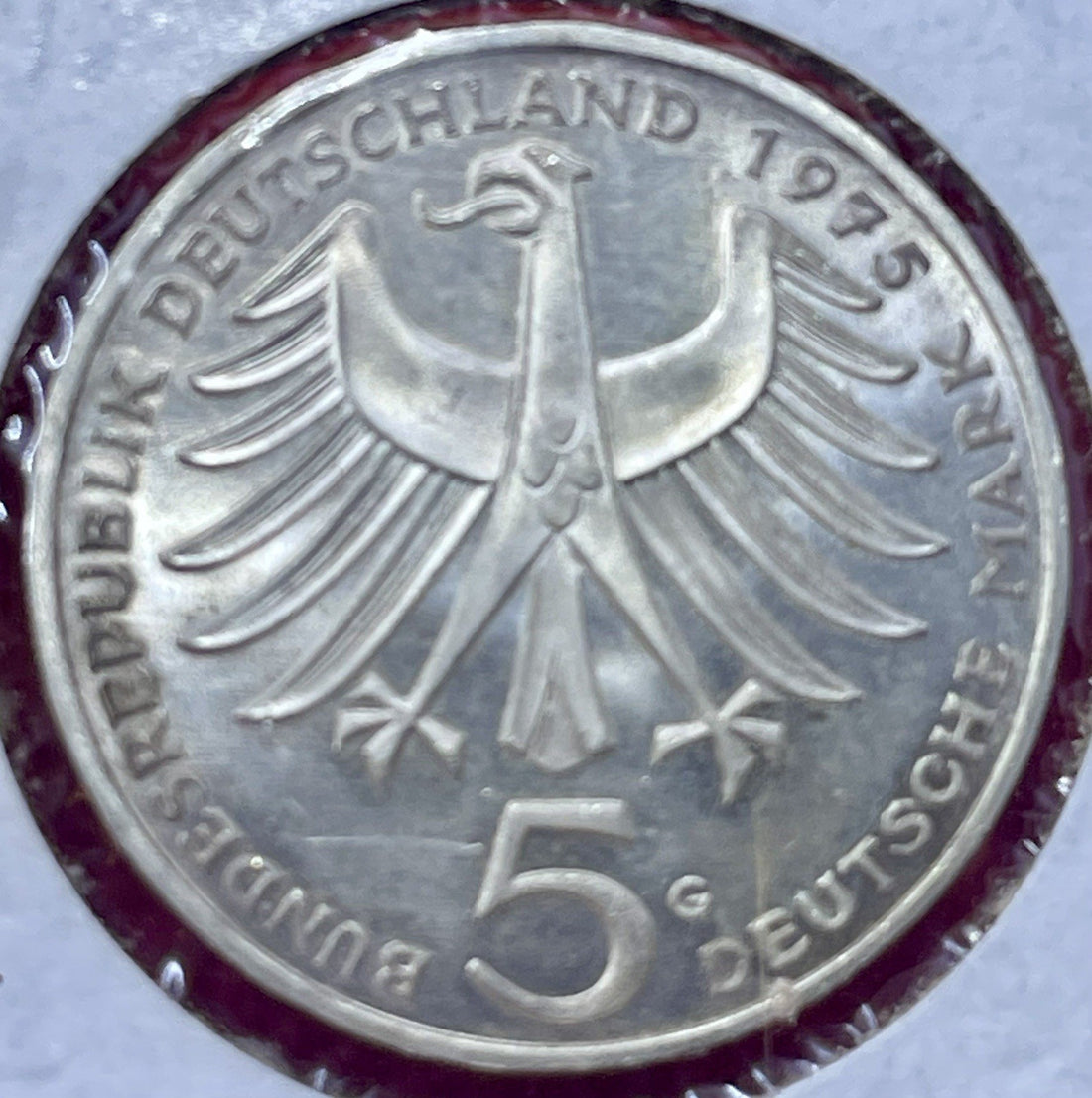 1975 G Germany 5 Five Mark Coin UNC SILVER .625  Albert Schweitzer Commemorative
