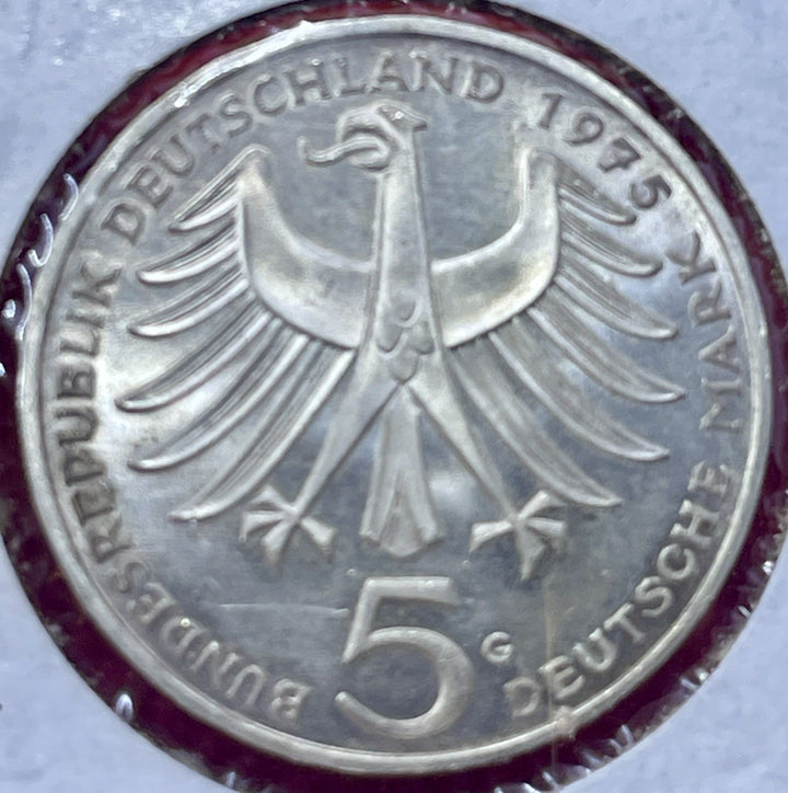 1975 G Germany 5 Five Mark Coin UNC SILVER .625  Albert Schweitzer Commemorative