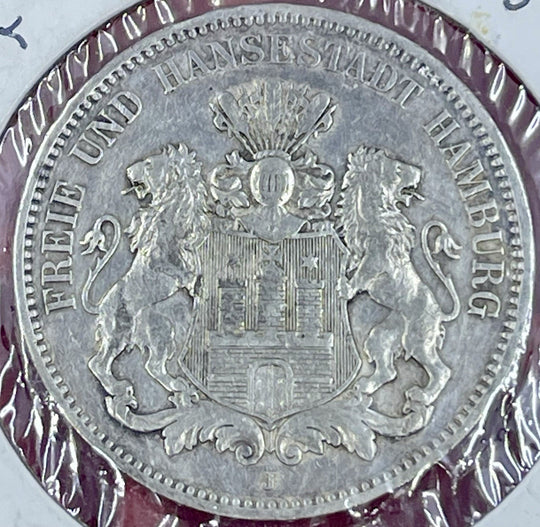 GERMANY , HAMBURG 1910 J Silver  . 835 Coin 3 MARKs
