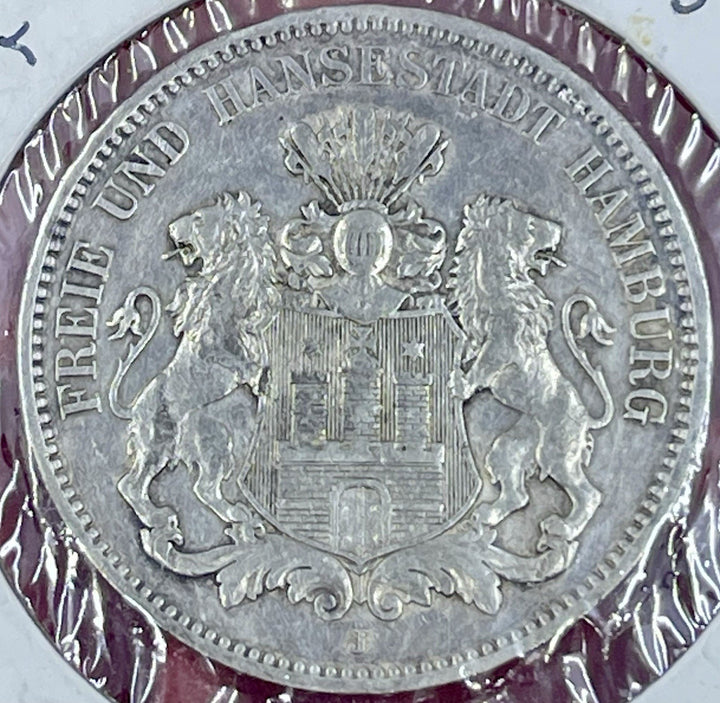 GERMANY , HAMBURG 1910 J Silver  . 835 Coin 3 MARKs